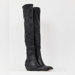 Black Genuine Leather Over the Knee Cowboy Boots